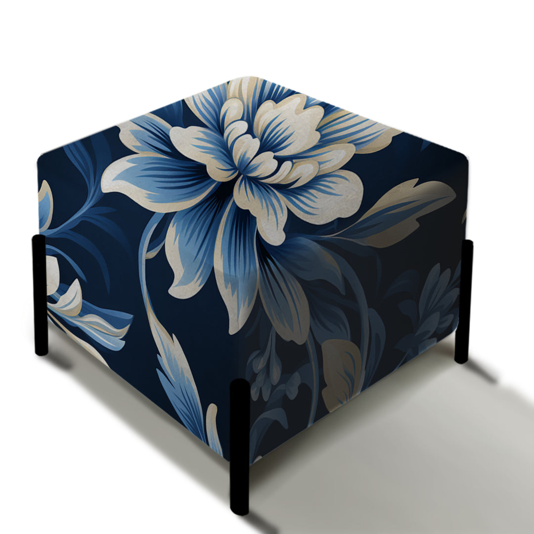 White And Blue Symmetrical Damask - Upholstered Vanity Stool Ottoman