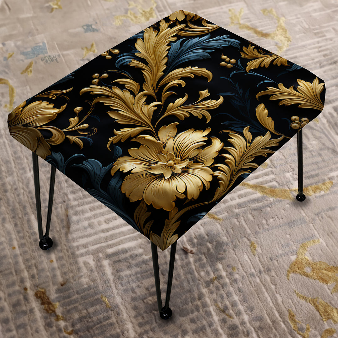 Gold And Blue Gilded Damask Reverie - Upholstered Vanity Stool Ottoman