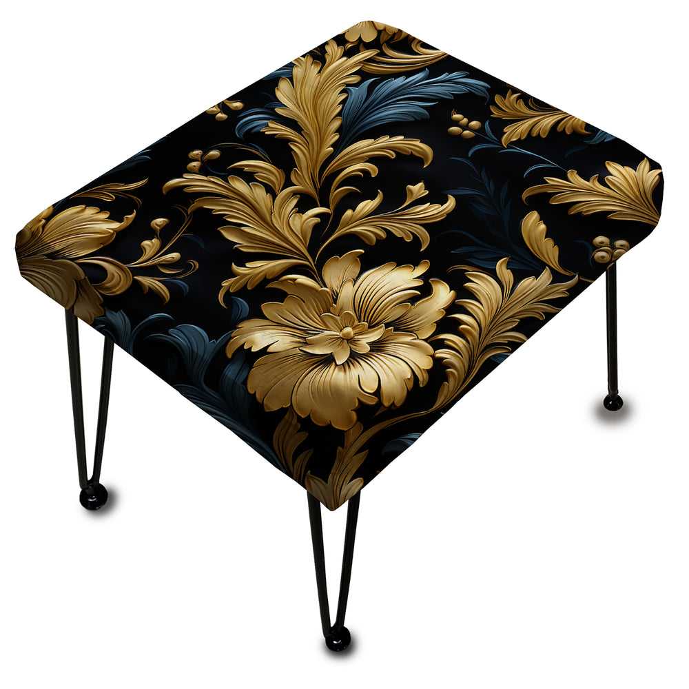 Gold And Blue Gilded Damask Reverie - Upholstered Vanity Stool Ottoman