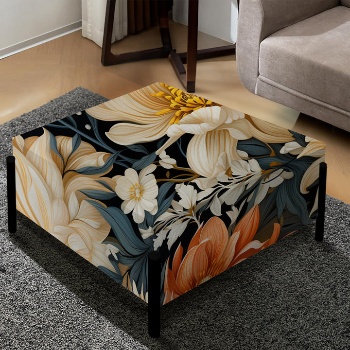 Grey Beige And Orange Farmhouse Floral Pattern - Upholstered Floral Vanity Stool