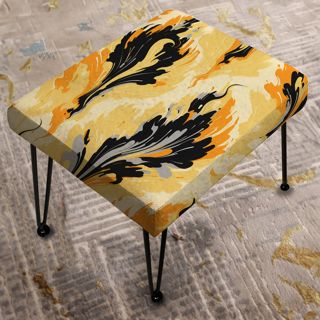 Yellow And Black Vintage Ikat Nostalgia - Upholstered Vanity Stool Ottoman