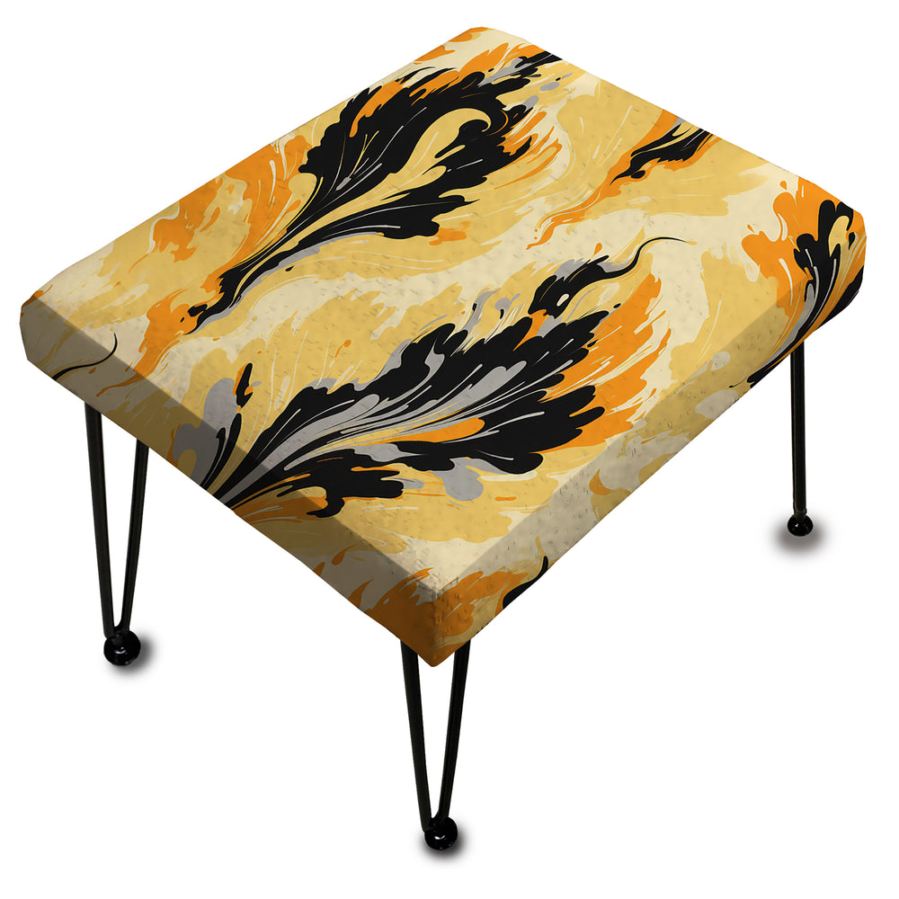Yellow And Black Vintage Ikat Nostalgia - Upholstered Vanity Stool Ottoman