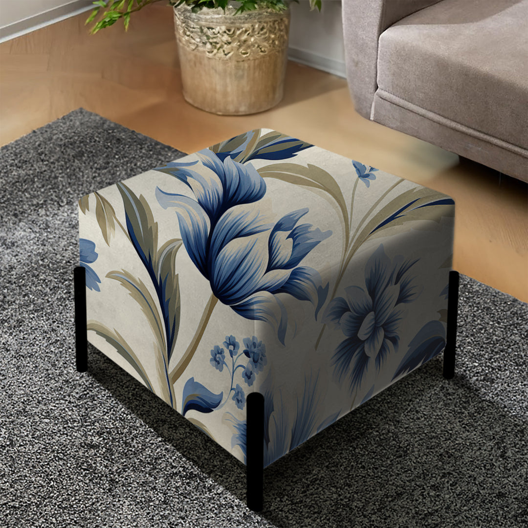 Blue Victorian Ikat Floral Harmony - Upholstered Vanity Stool Ottoman