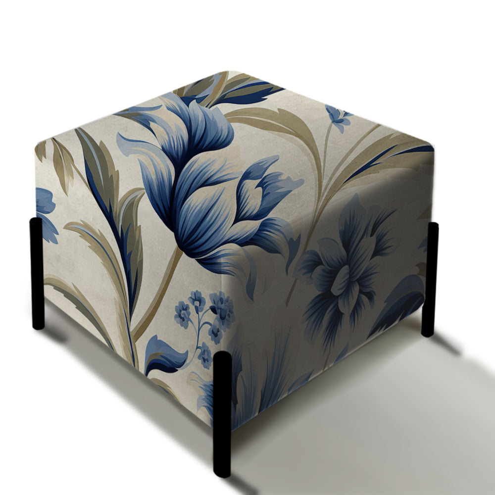Blue Victorian Ikat Floral Harmony - Upholstered Vanity Stool Ottoman