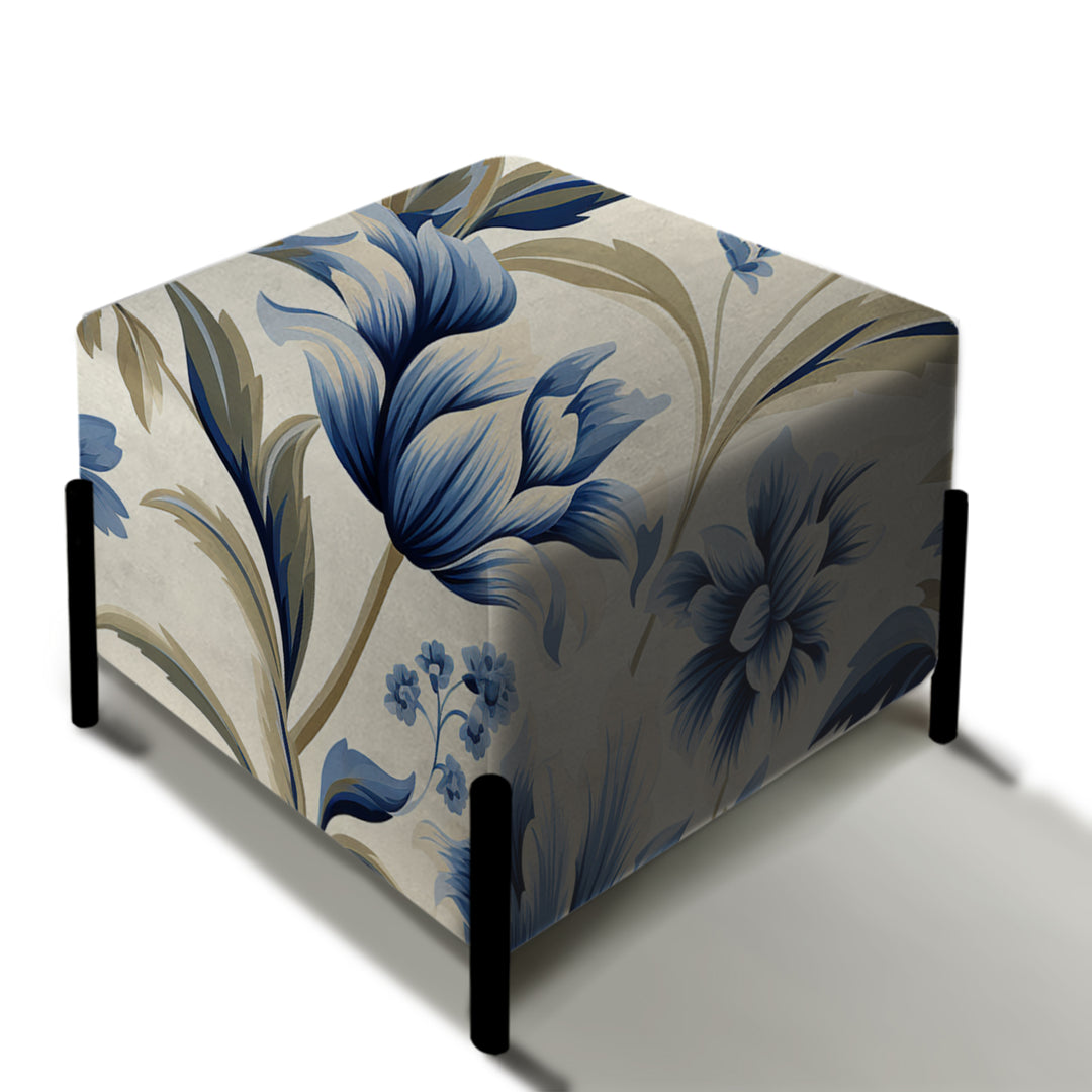 Blue Victorian Ikat Floral Harmony - Upholstered Vanity Stool Ottoman