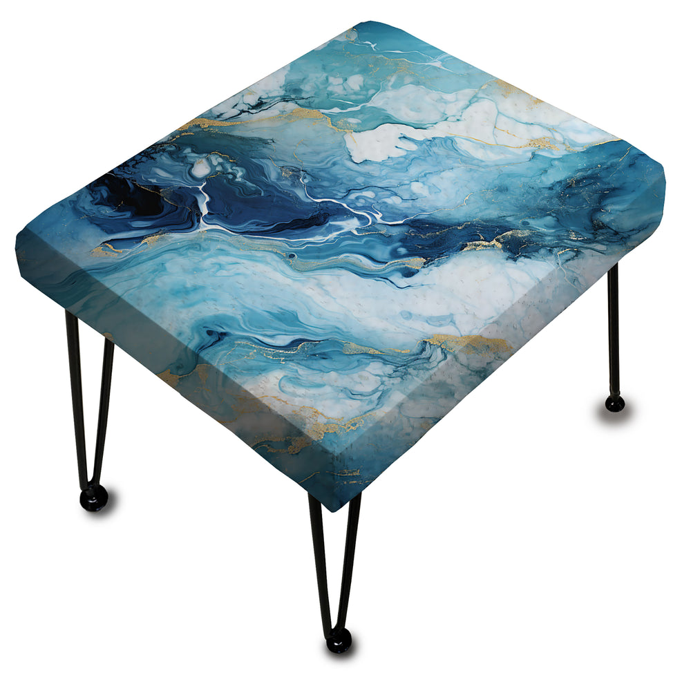 Coastal Blue Elegant Marble Shore - Upholstered Vanity Stool Ottoman