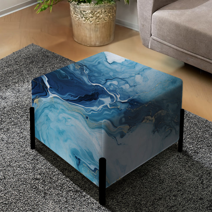 Coastal Blue Elegant Marble Shore - Upholstered Vanity Stool Ottoman