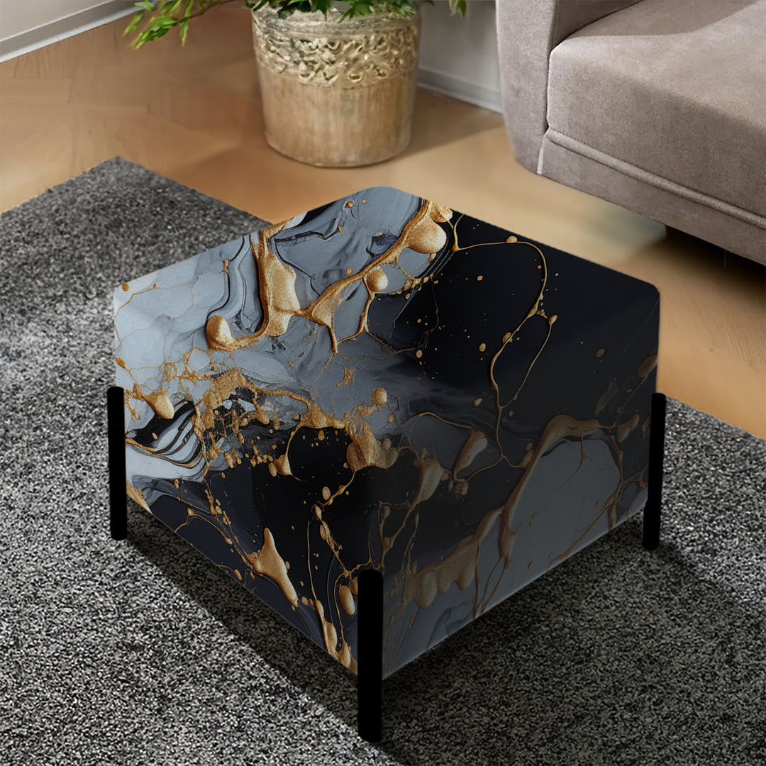 Gilded Gold And Black  Luxe Marble Opulence - Upholstered Vanity Stool Ottoman