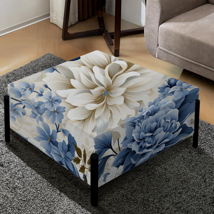 Floral Blue And White Victorian Pattern I - Upholstered Floral Vanity Stool - Traditional Ottoman