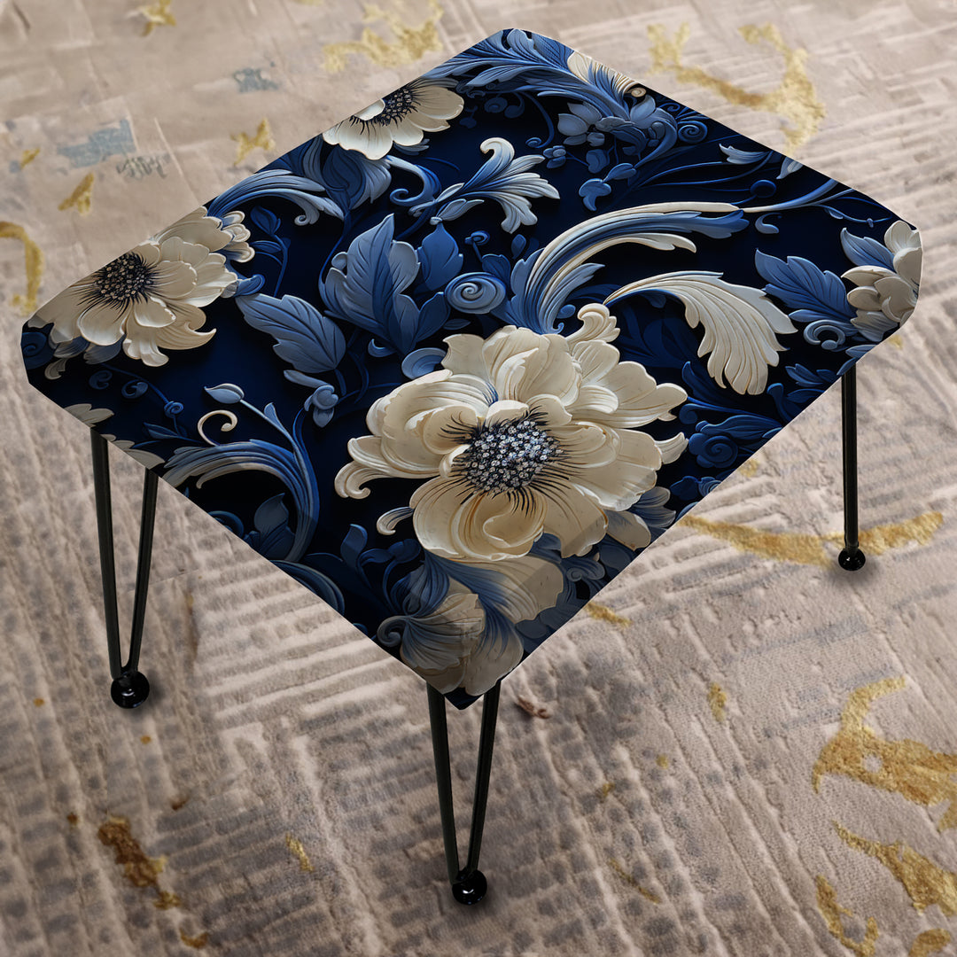 Cobalt Blue Lacework Scrolls Victorian Pattern - Upholstered Vanity Stool Ottoman