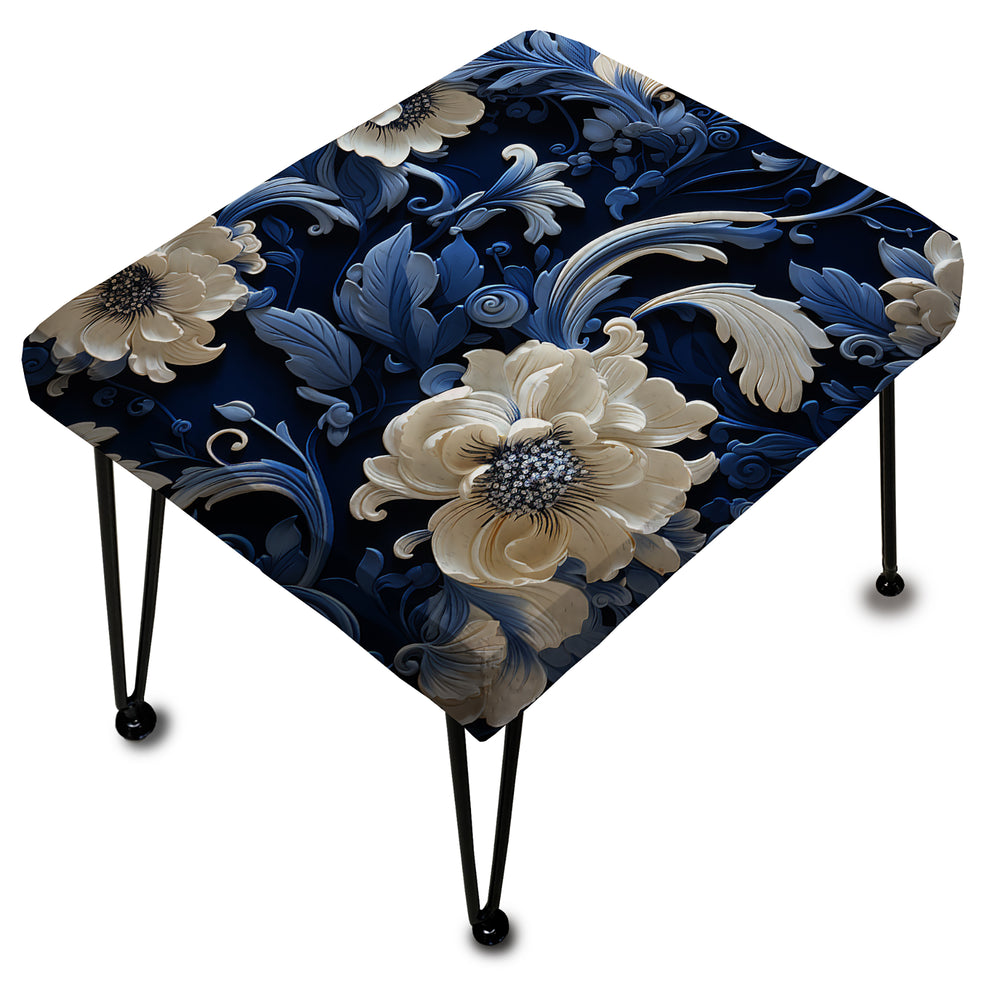Cobalt Blue Lacework Scrolls Victorian Pattern - Upholstered Vanity Stool Ottoman