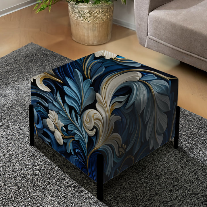 Cobalt Blue Scrollwork Swirls Victorian Pattern - Upholstered Vanity Stool Ottoman