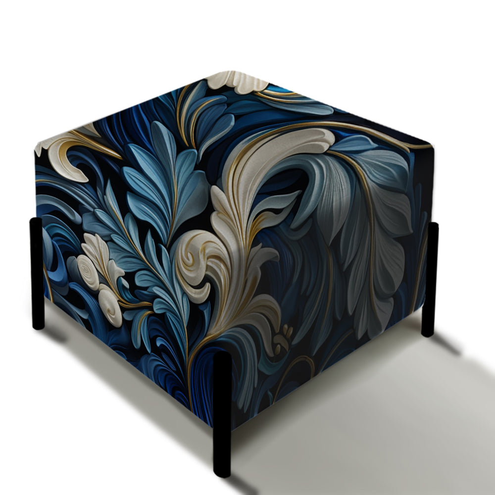 Cobalt Blue Scrollwork Swirls Victorian Pattern - Upholstered Vanity Stool Ottoman