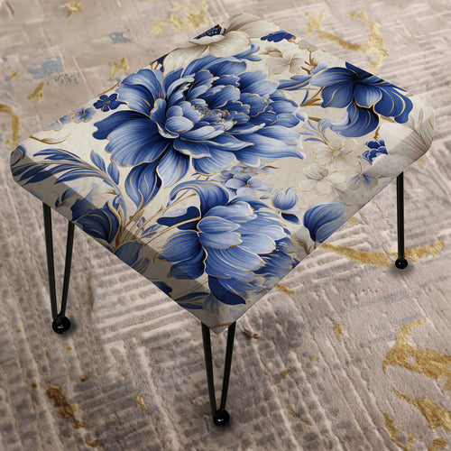 Cobalt Blue Victorian Intricacies Victorian Pattern - Upholstered Vanity Stool Ottoman