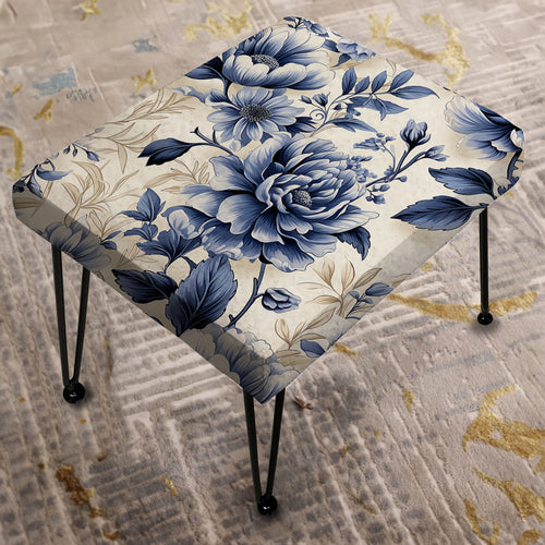 Cobalt Blue Victorian Rococo Victorian Pattern - Upholstered Vanity Stool Ottoman