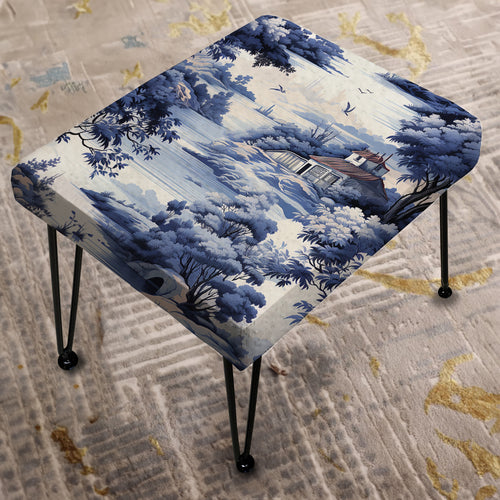Victorian Cobalt Toile Ii Victorian Pattern - Upholstered Vanity Stool Ottoman