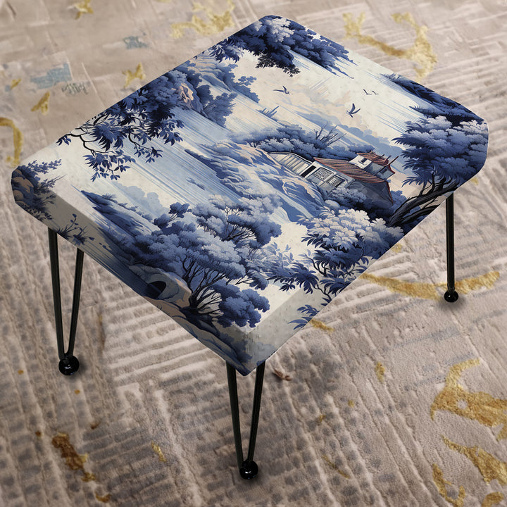 Victorian Cobalt Toile Ii Victorian Pattern - Upholstered Vanity Stool Ottoman