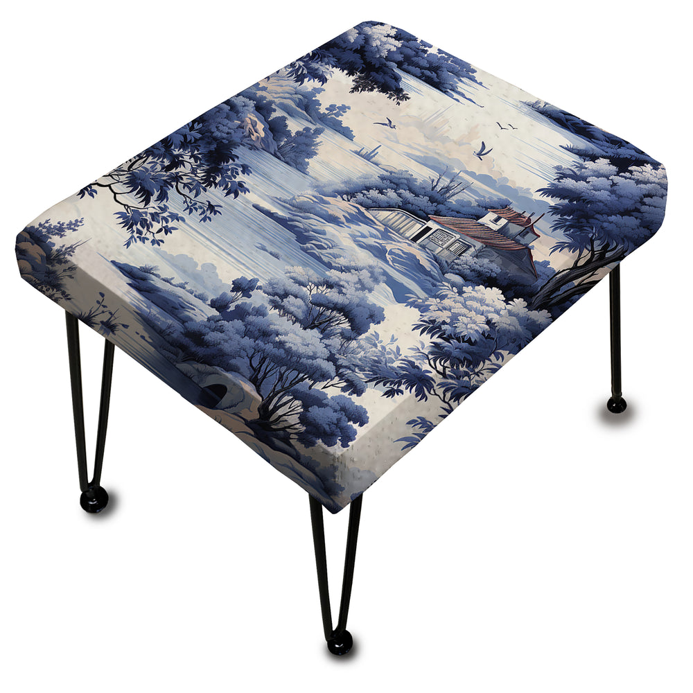 Victorian Cobalt Toile Ii Victorian Pattern - Upholstered Vanity Stool Ottoman