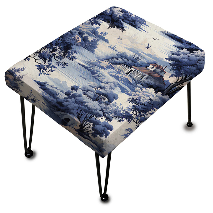 Victorian Cobalt Toile Ii Victorian Pattern - Upholstered Vanity Stool Ottoman