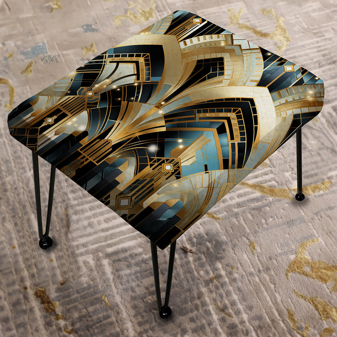 1970S Blue And Gold Damask Art Deco - Upholstered Vanity Stool Ottoman