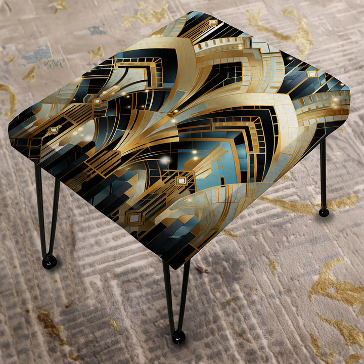 1970S Blue And Gold Damask Art Deco - Upholstered Vanity Stool Ottoman