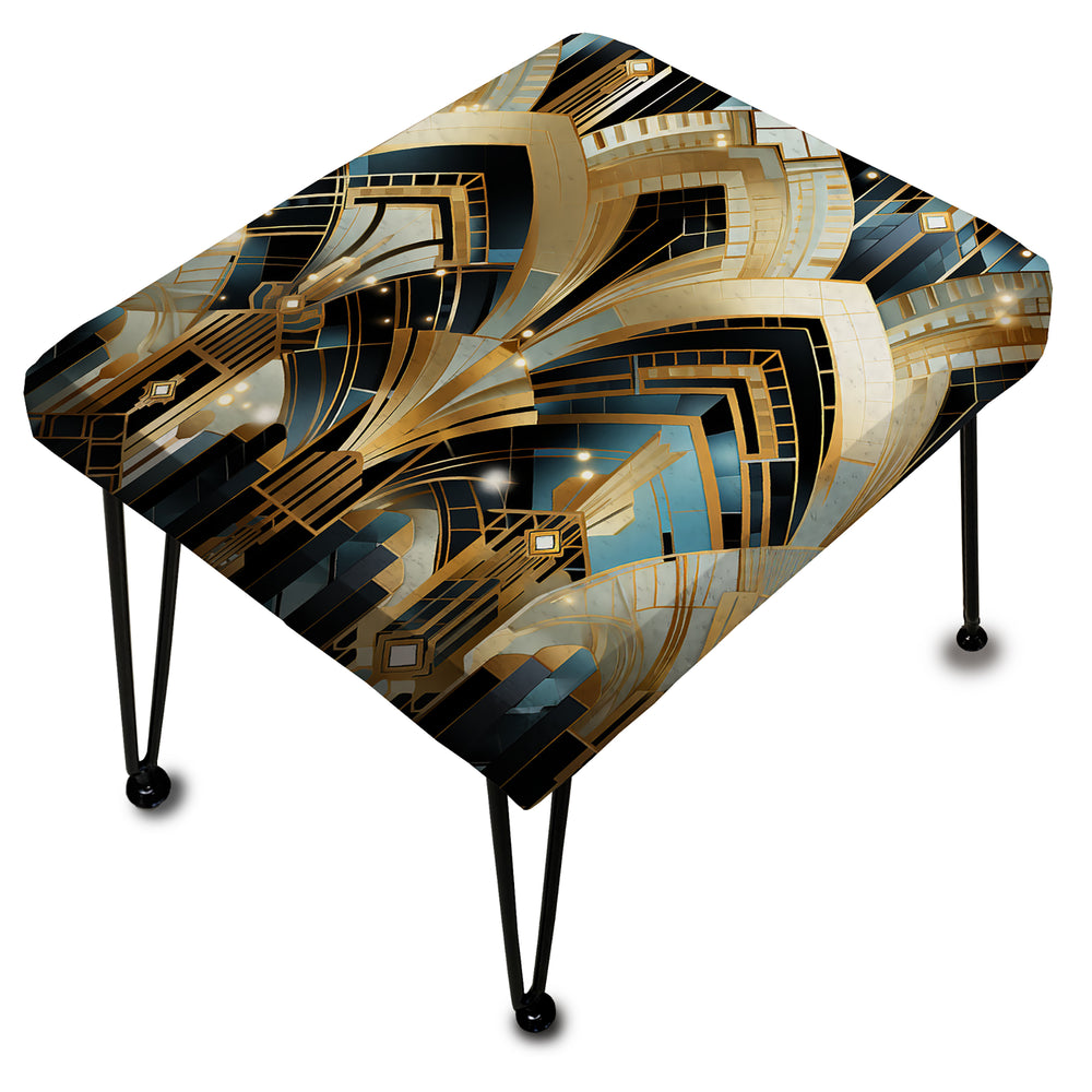 1970S Blue And Gold Damask Art Deco - Upholstered Vanity Stool Ottoman