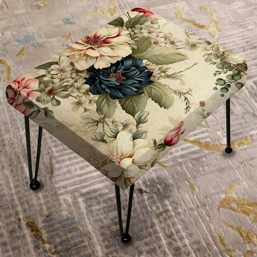 Beige And Green Antique Countryhouse Floral Charm - Upholstered Vanity Stool Ottoman