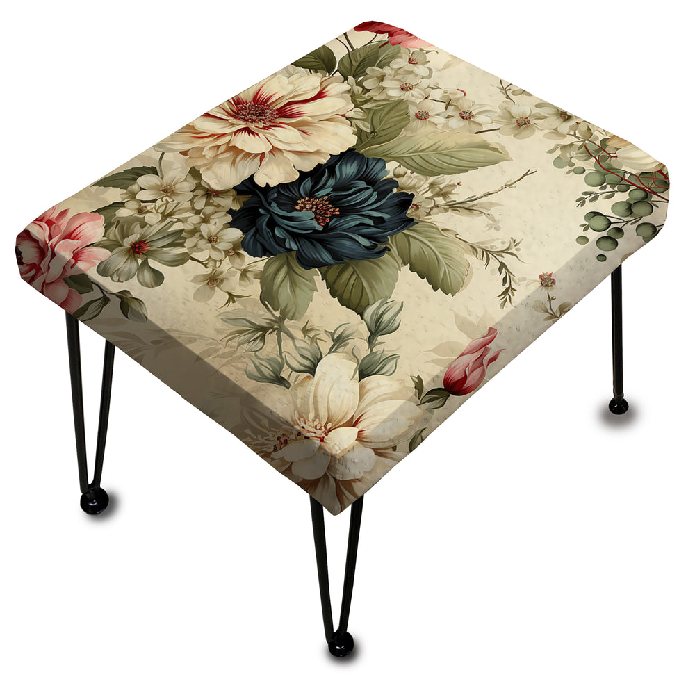 Beige And Green Antique Countryhouse Floral Charm - Upholstered Vanity Stool Ottoman
