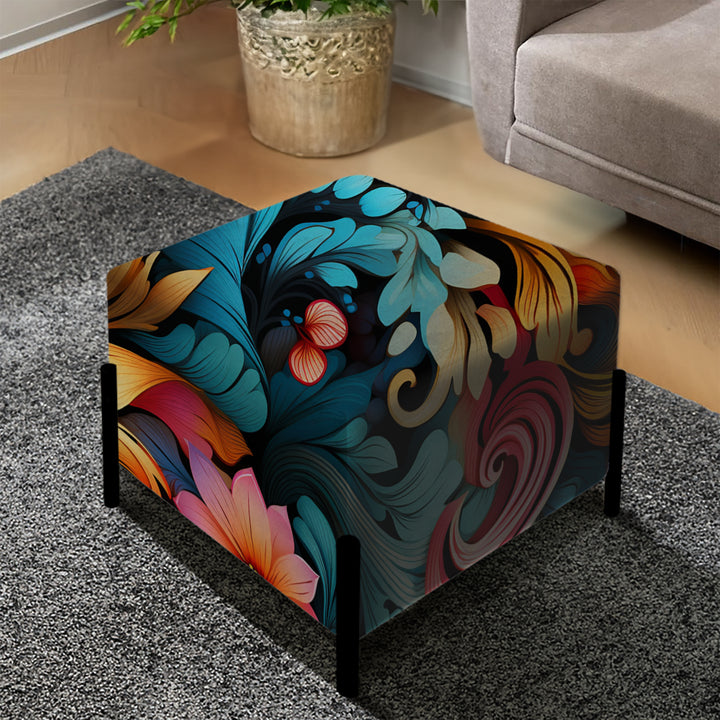 Vibrant Blue Flower Garden Elegance - Upholstered Vanity Stool Ottoman