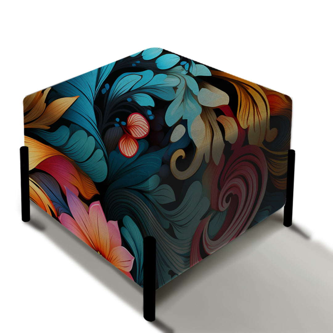 Vibrant Blue Flower Garden Elegance - Upholstered Vanity Stool Ottoman