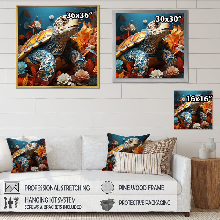 Turtle Journey Coral Geometric - Turtle Framed Canvas Art