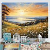 White Green Wildflowers Golden Horizon - Floral Canvas Wall Art