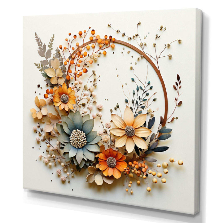 Beige and Orange Floral Wreath I - Floral Canvas Wall Art