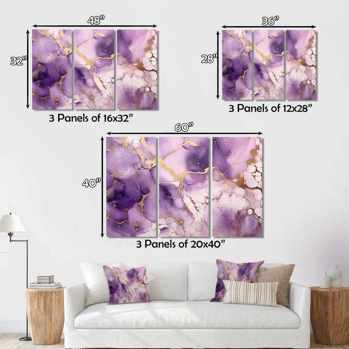 Purple and Gold Marble Ink Clouds VII - Split Panel Canvas Art