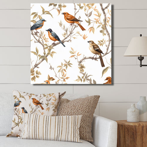 Orange Green Birds On Trees - Bird Framed Canvas Art
