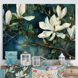 Green White Magnolias Landscape - Floral Canvas Wall Art