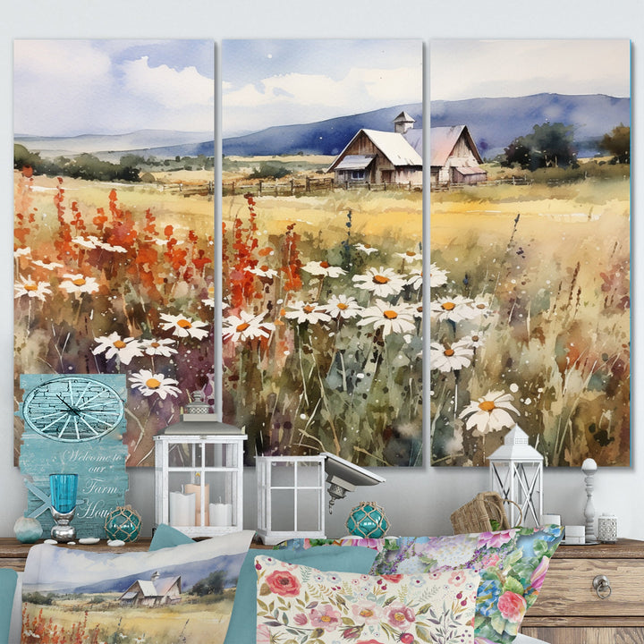 Green White Meadow At The Farm I - 3-Piece Canvas Wall Art