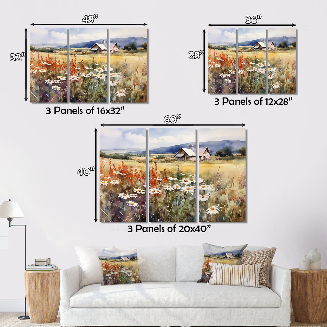 Green White Meadow At The Farm I - 3-Piece Canvas Wall Art