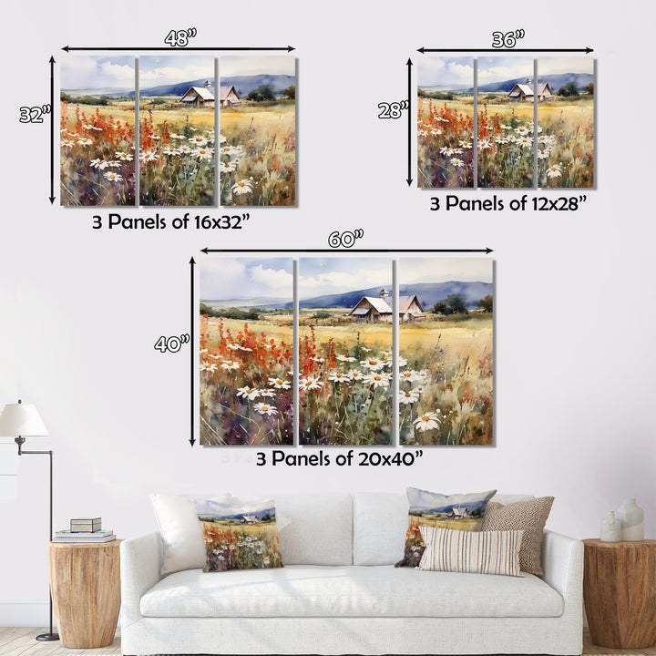 Green White Meadow At The Farm I - 3-Piece Canvas Wall Art