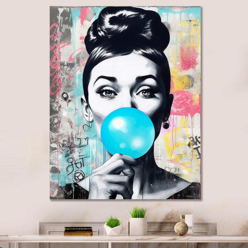 Audrey Hepburn Blue Bubble Gum - People Canvas Wall Art