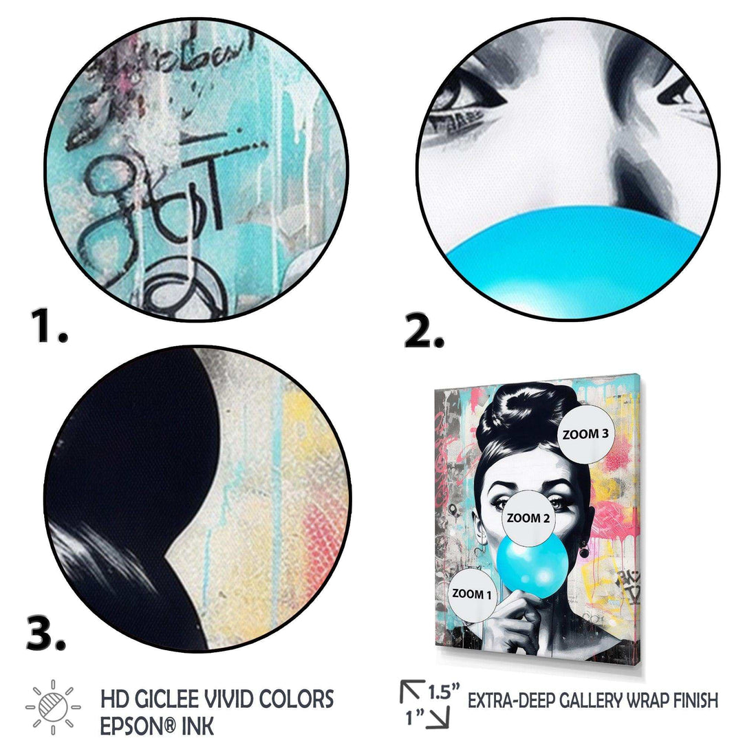 Audrey Hepburn Blue Bubble Gum - People Canvas Wall Art