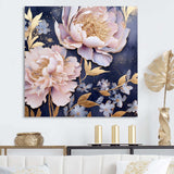 Pink Retro Peonies On Blue - Floral Canvas Wall Art