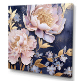 Pink Retro Peonies On Blue - Floral Canvas Wall Art