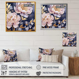 Pink Retro Peonies On Blue - Floral Canvas Wall Art