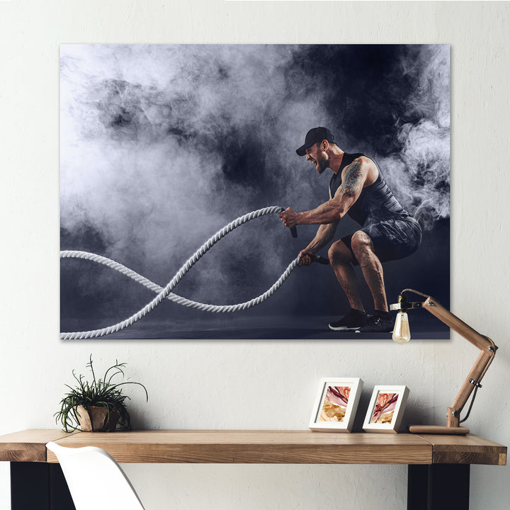 Tattooed Bearded Male Exercising - Aerobic &amp; Bodybuilding Canvas Wall Art