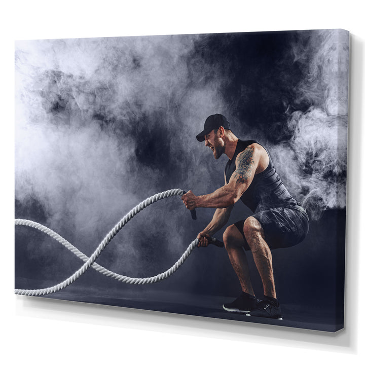 Tattooed Bearded Male Exercising - Aerobic &amp; Bodybuilding Canvas Wall Art