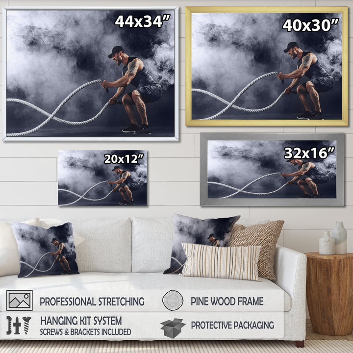 Tattooed Bearded Male Exercising - Aerobic &amp; Bodybuilding Canvas Wall Art