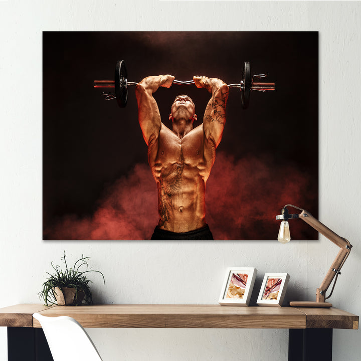 Man Lifting Dumbbell Red Fog - Aerobic &amp; Bodybuilding Canvas Wall Art
