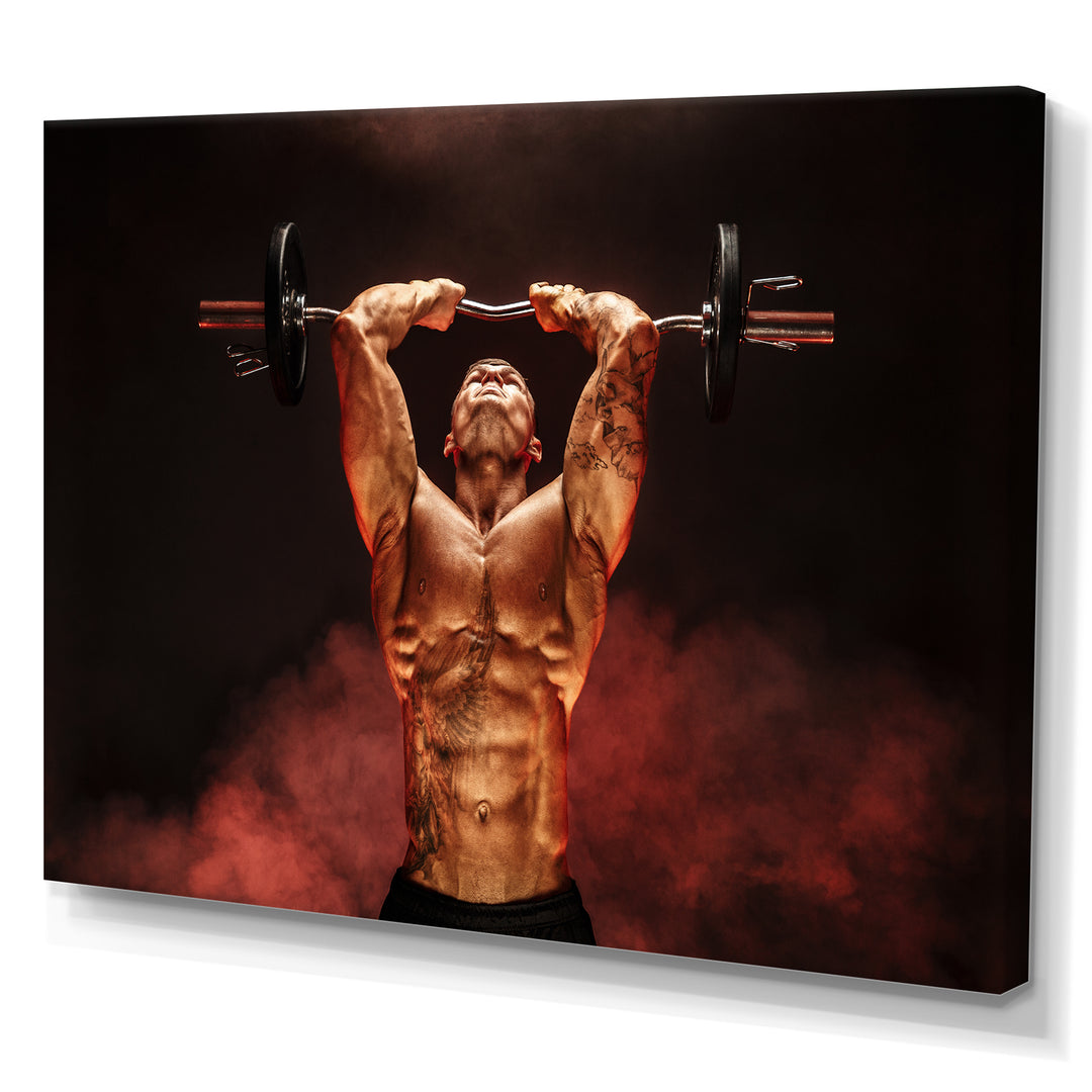 Man Lifting Dumbbell Red Fog - Aerobic &amp; Bodybuilding Canvas Wall Art