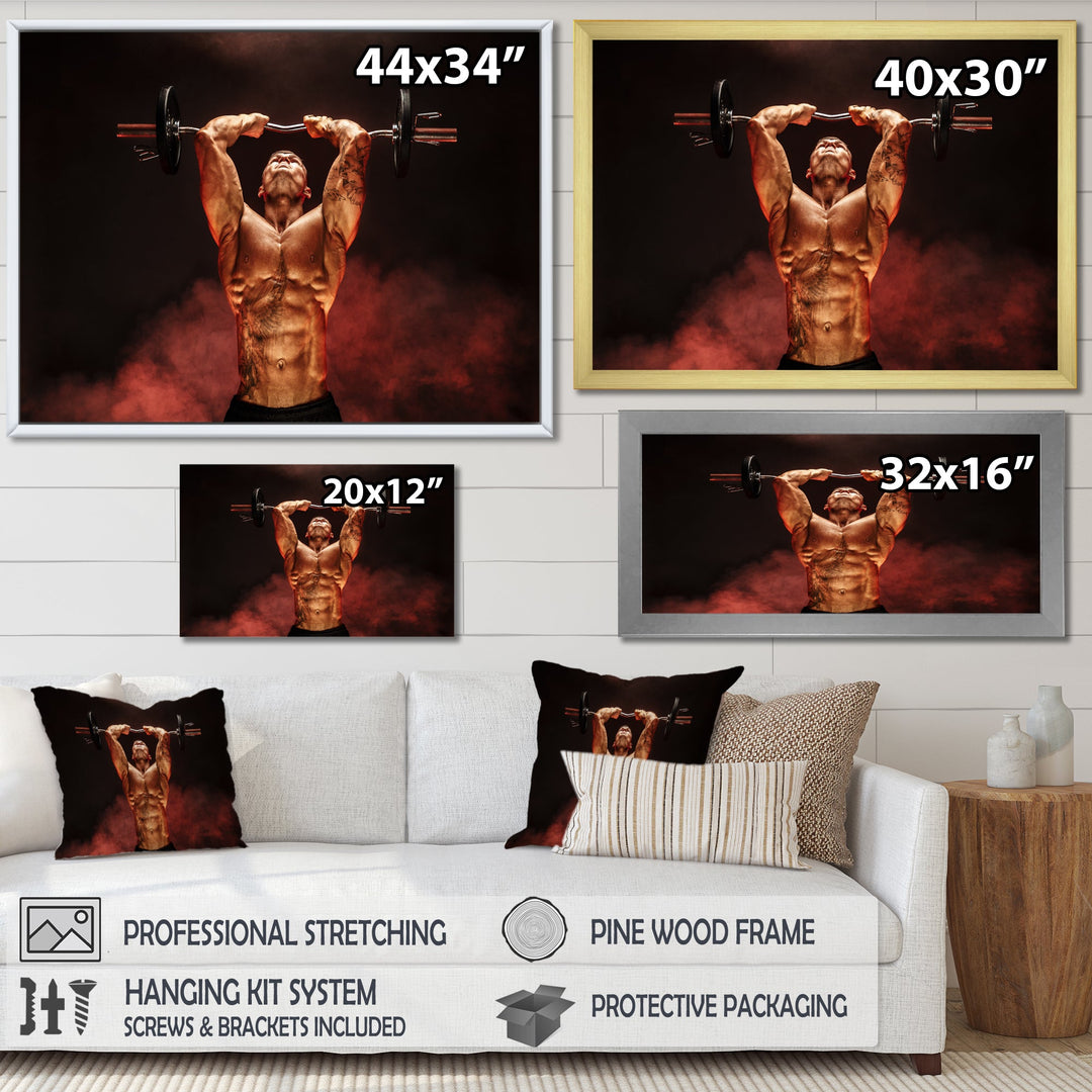 Man Lifting Dumbbell Red Fog - Aerobic &amp; Bodybuilding Canvas Wall Art